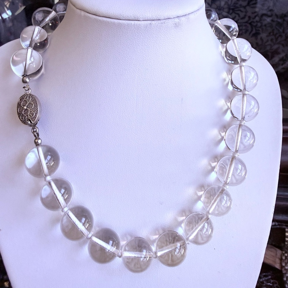 Estate Clear Beaded genuine quartz  Necklace with sterling Silver clasp